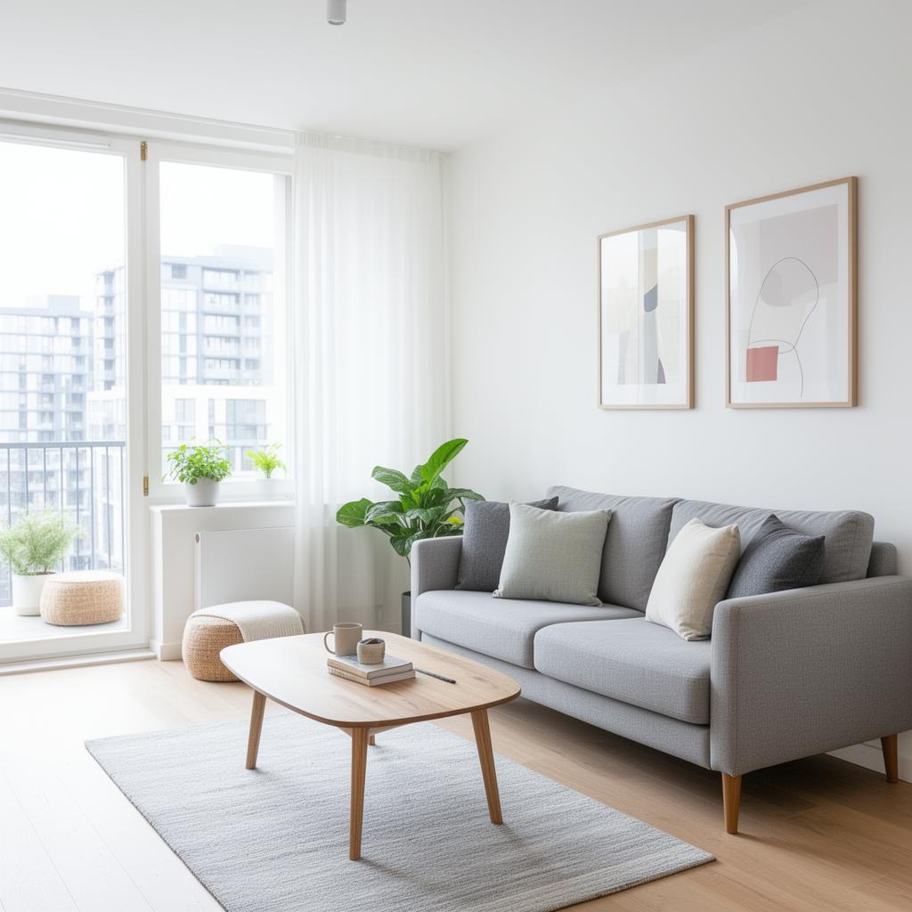 Clean, freshly reset short-term rental living room ready for guests