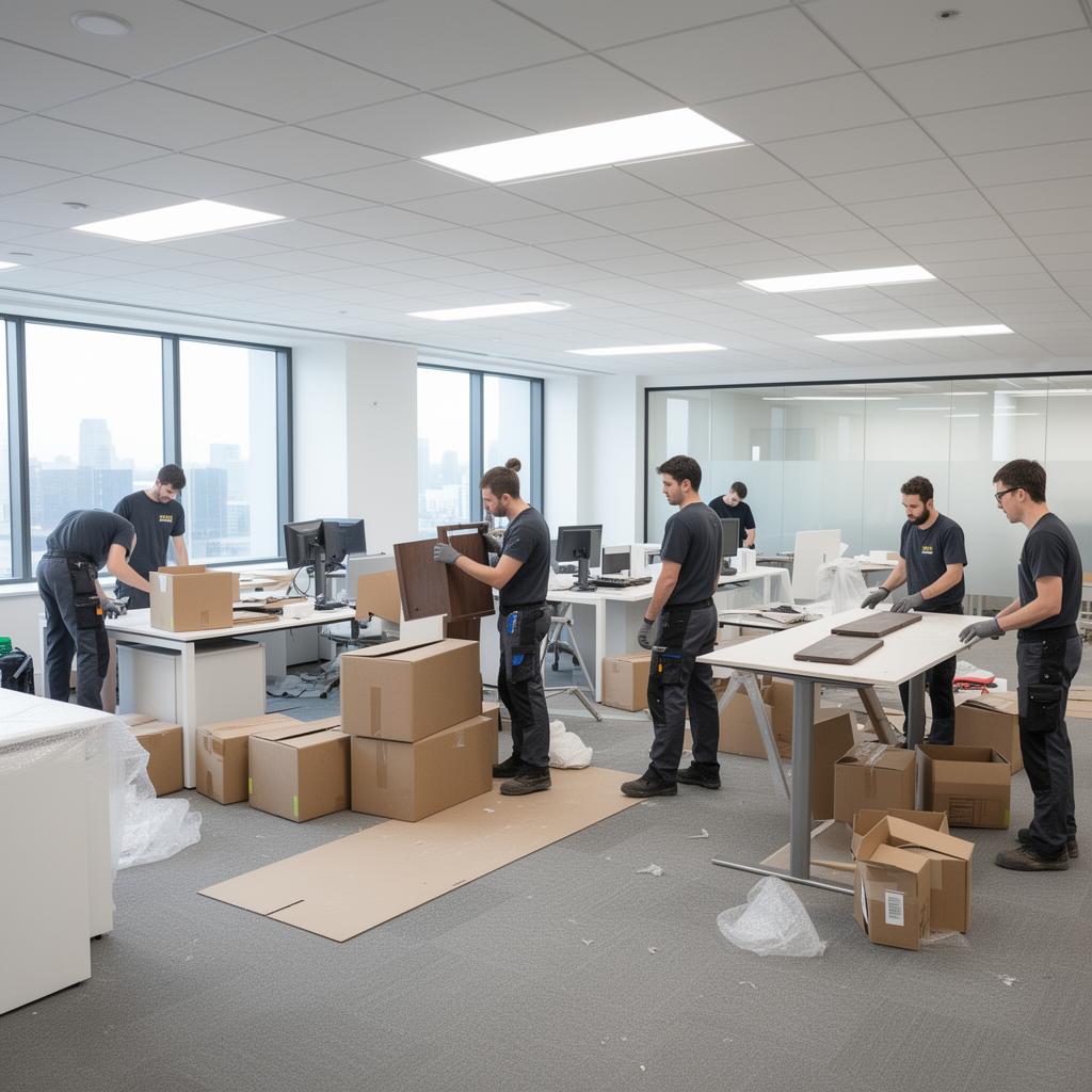 Crew clearing furniture and boxes from a modern office space