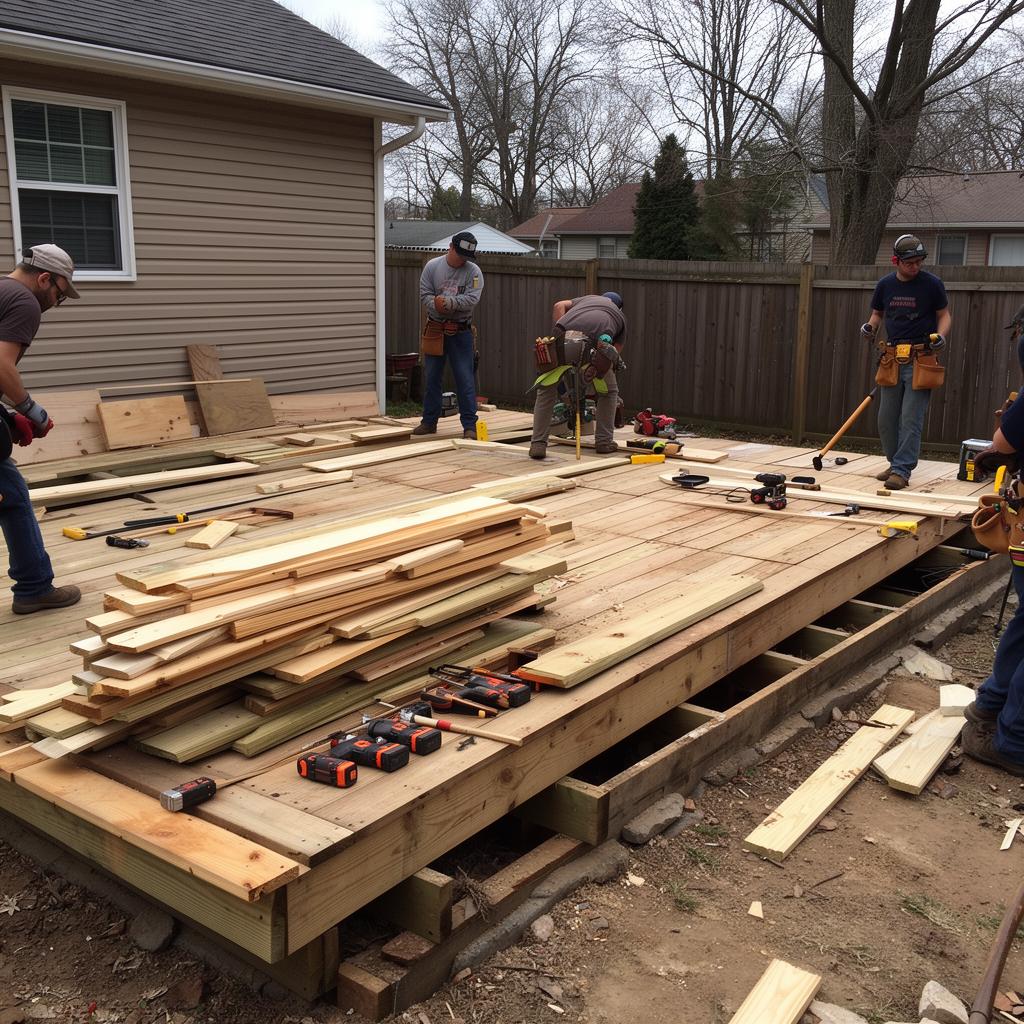 Crew safely removing an old backyard deck during a light demolition project