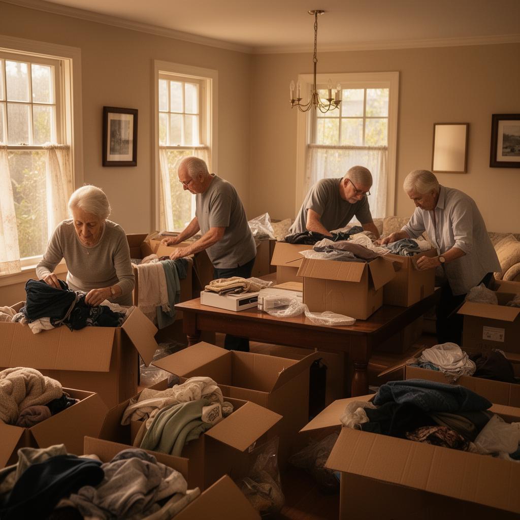 Family and crew respectfully sorting belongings during an estate cleanout