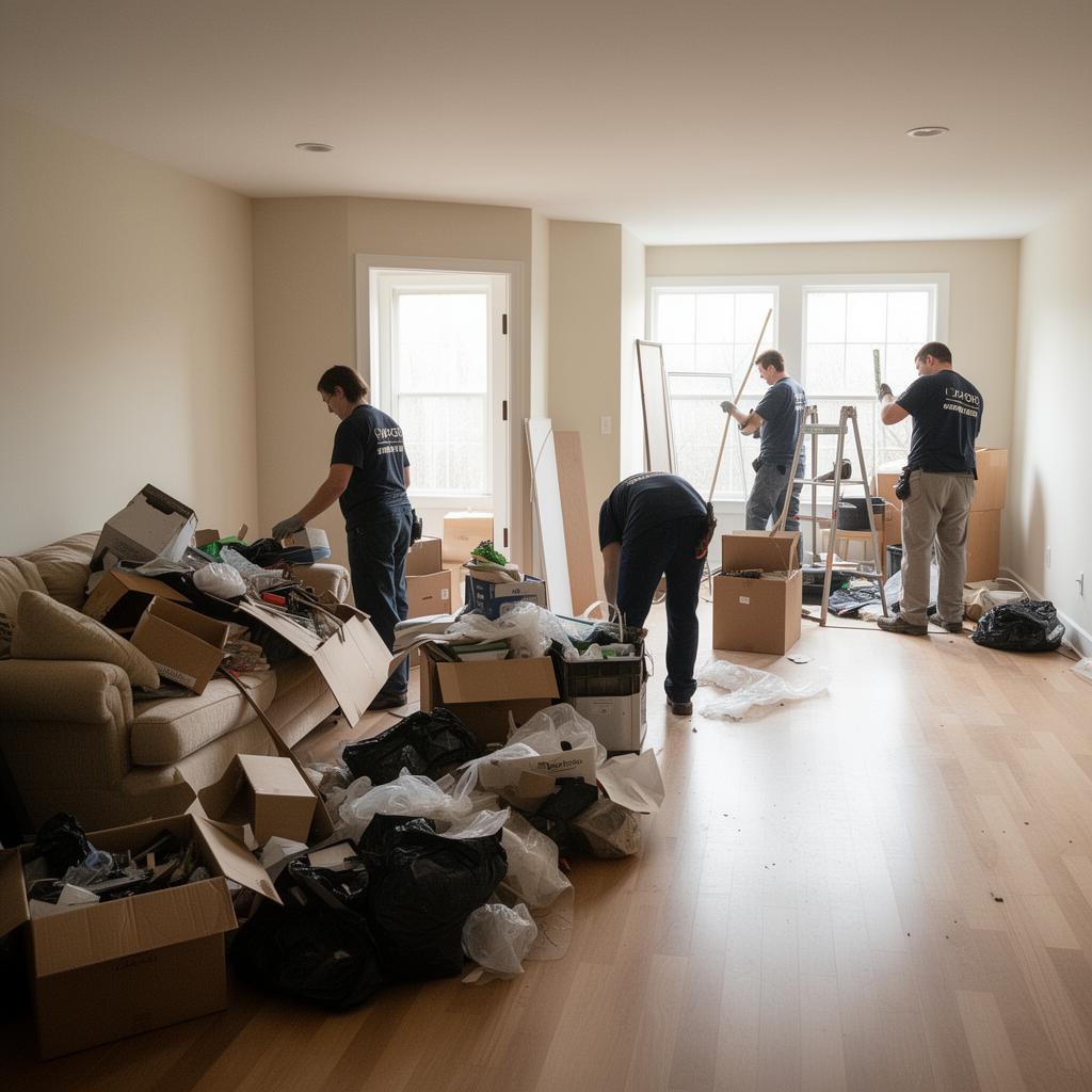 Crew respectfully clearing a cluttered room and restoring open floor space