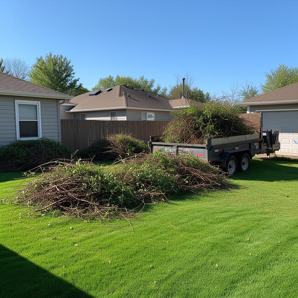 Brush and yard waste loaded into a trailer in a tidy Minnesota backyard